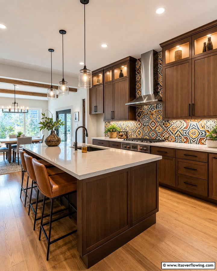 Brown Cabinets with Bold Backsplash - 20 Brown Kitchen Cabinets Ideas for a Warm and Inviting Space