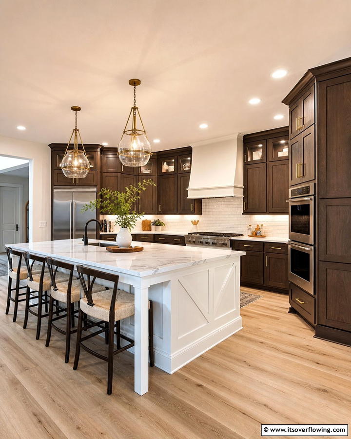 Brown Cabinets with Contrasting Island - 20 Brown Kitchen Cabinets Ideas for a Warm and Inviting Space