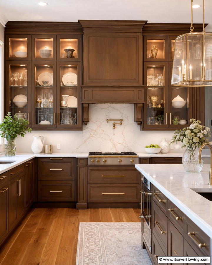 Brown Cabinets with Glass Inserts - 20 Brown Kitchen Cabinets Ideas for a Warm and Inviting Space