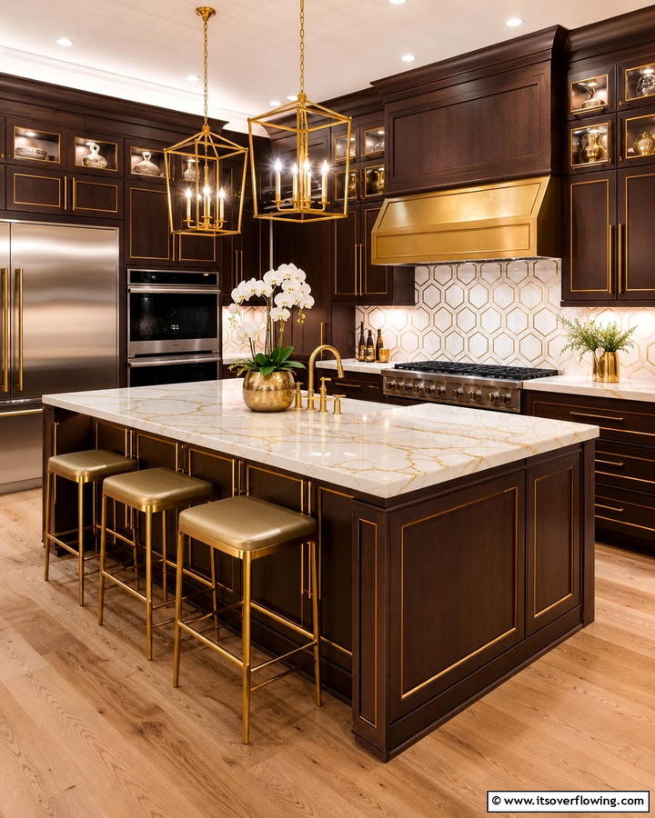 Brown Cabinets with Gold Accents - 20 Brown Kitchen Cabinets Ideas for a Warm and Inviting Space