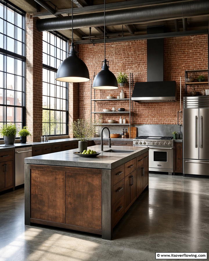 Brown Cabinets with Industrial Elements - 20 Brown Kitchen Cabinets Ideas for a Warm and Inviting Space