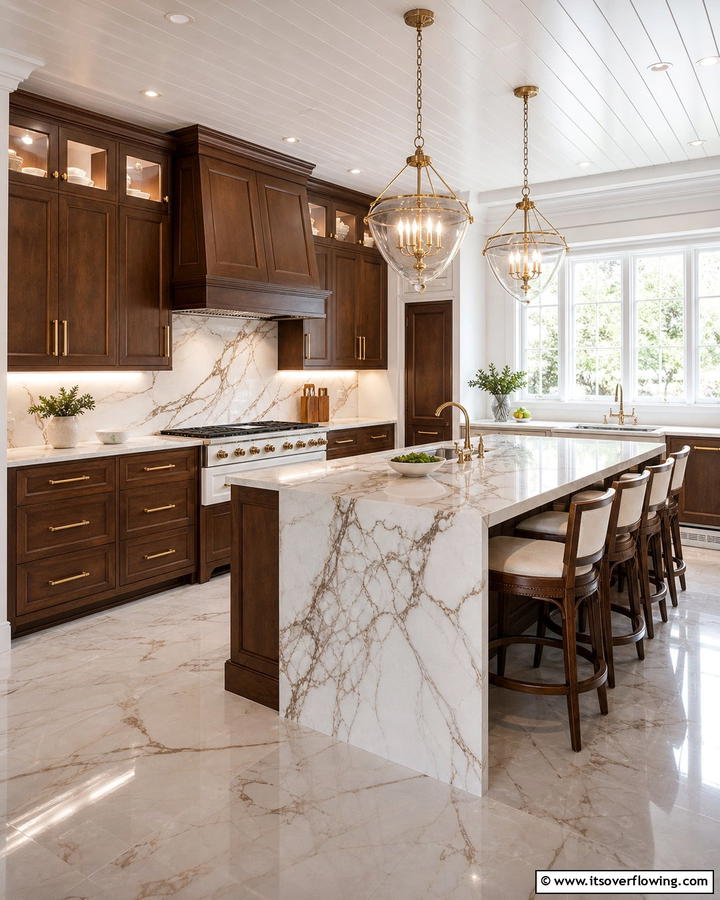Brown Cabinets with Marble Countertops - 20 Brown Kitchen Cabinets Ideas for a Warm and Inviting Space
