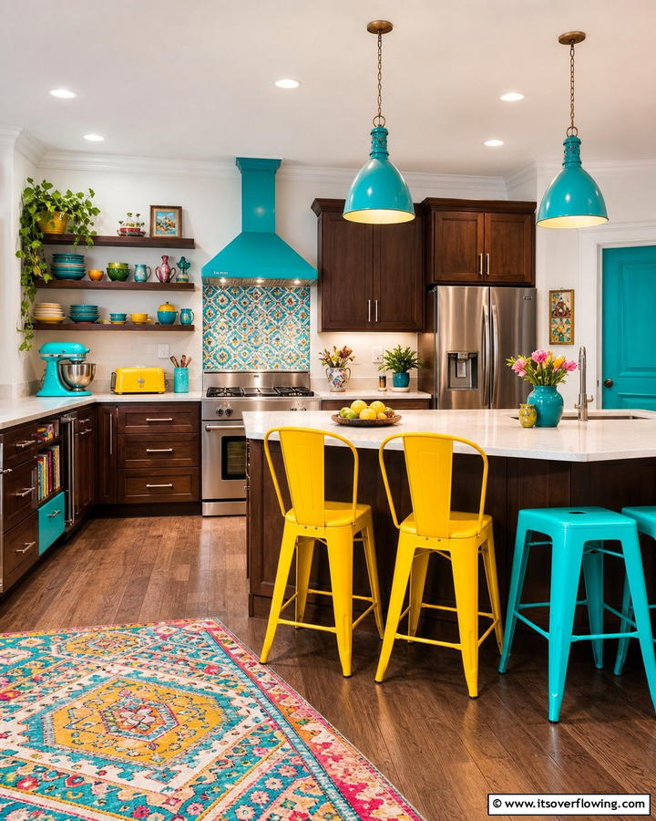 Brown Cabinets with Pops of Color - 20 Brown Kitchen Cabinets Ideas for a Warm and Inviting Space