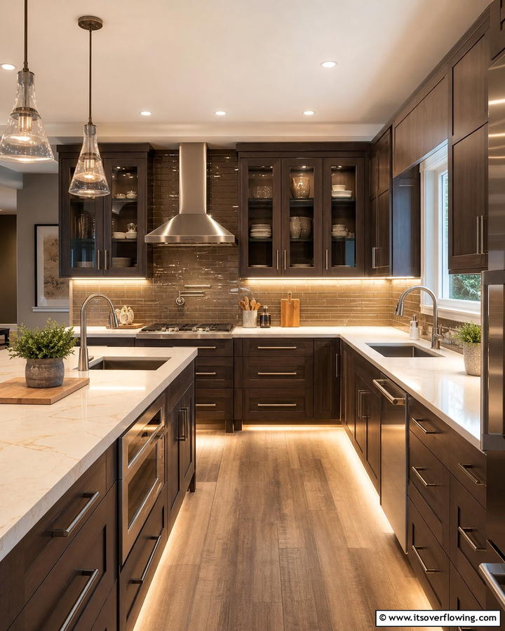 Brown Cabinets with Under Cabinet Lighting - 20 Brown Kitchen Cabinets Ideas for a Warm and Inviting Space