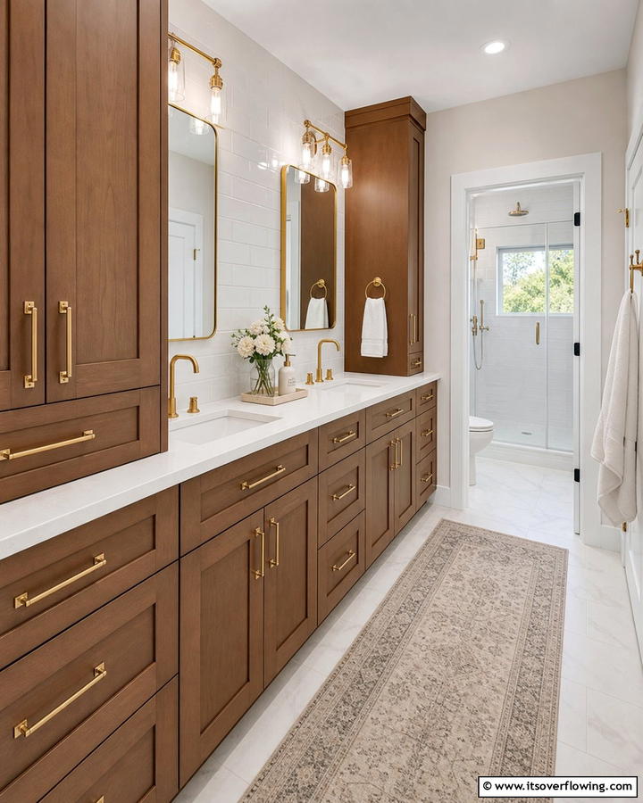 Brown Cabinets with White Countertops - 20 Timeless Brown and White Bathroom Ideas for a Clean Look