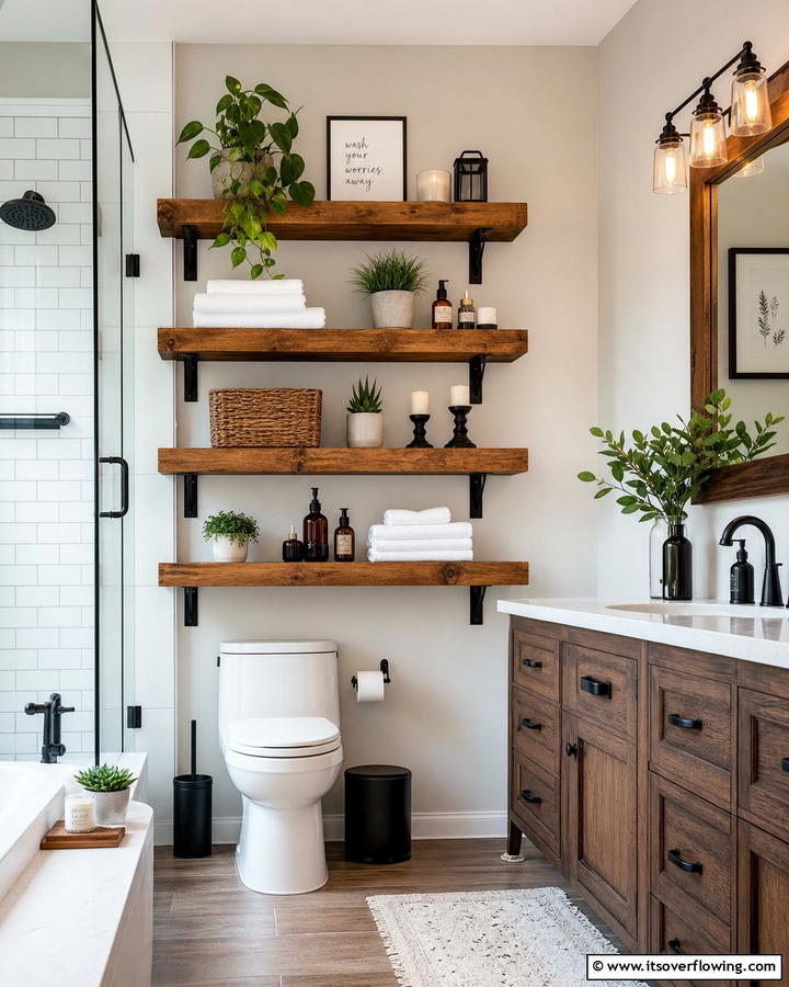 Brown Floating Shelves with Black Brackets - 20 Modern Brown and Black Bathroom Ideas for a Bold Design