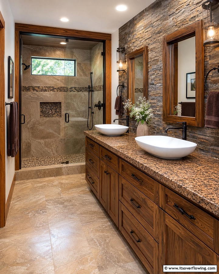 Brown Granite and Natural Wood Vanities - 20 Elegant Brown Granite Bathroom Ideas for a Luxurious Look