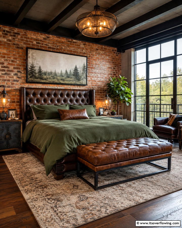 Brown Leather Accents - 25 Green and Brown Bedroom Ideas for Earthy Vibes