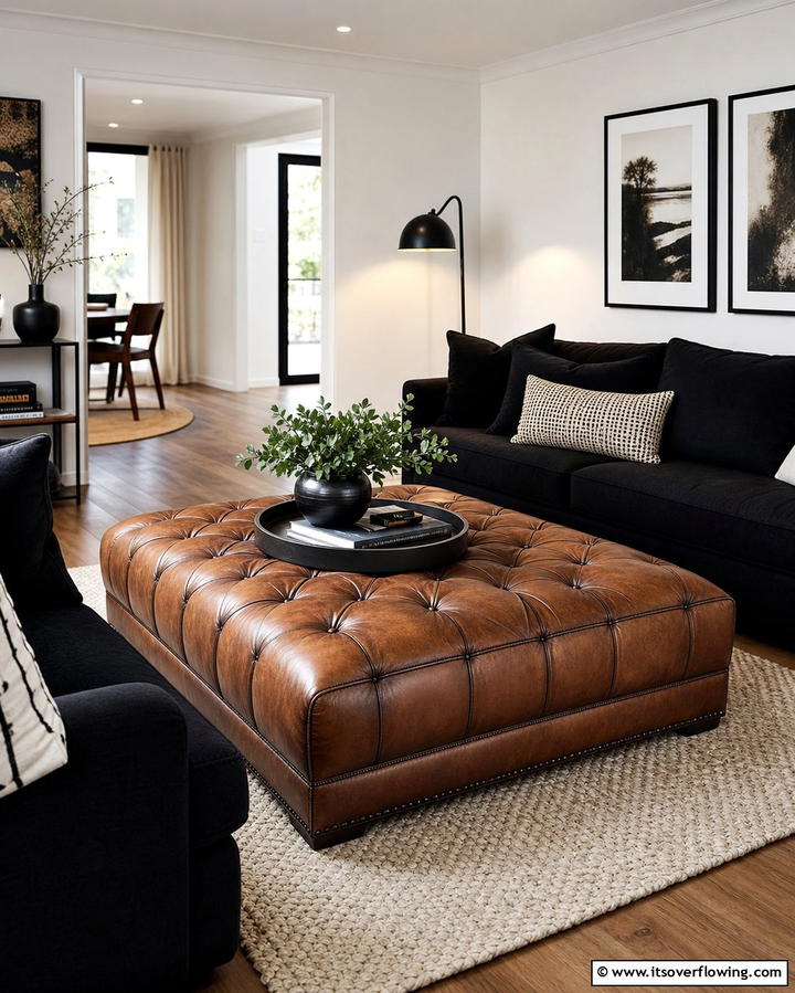 Brown Leather Ottomans with Black Detailing - 25 Chic Black and Brown Living Room Ideas for Modern Homes