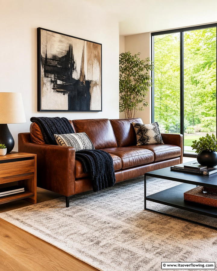 Brown Leather Sofas with Black Throw Blankets - 20 Black and Brown Interior Design Ideas for Modern Homes