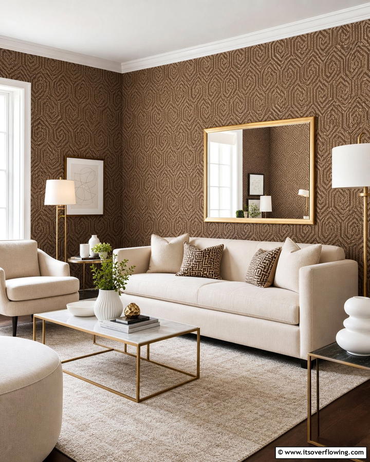 Brown Patterned Wallpaper for Visual Interest - 25 Brown Living Room Ideas for Warm and Cozy Vibes
