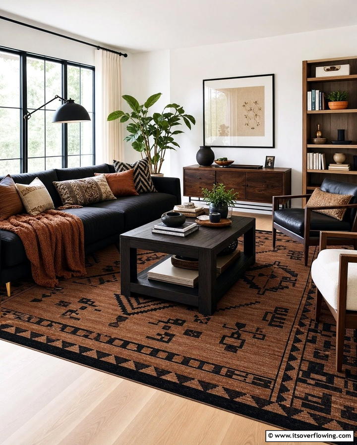 Brown Rugs with Black Patterns - 25 Chic Black and Brown Living Room Ideas for Modern Homes