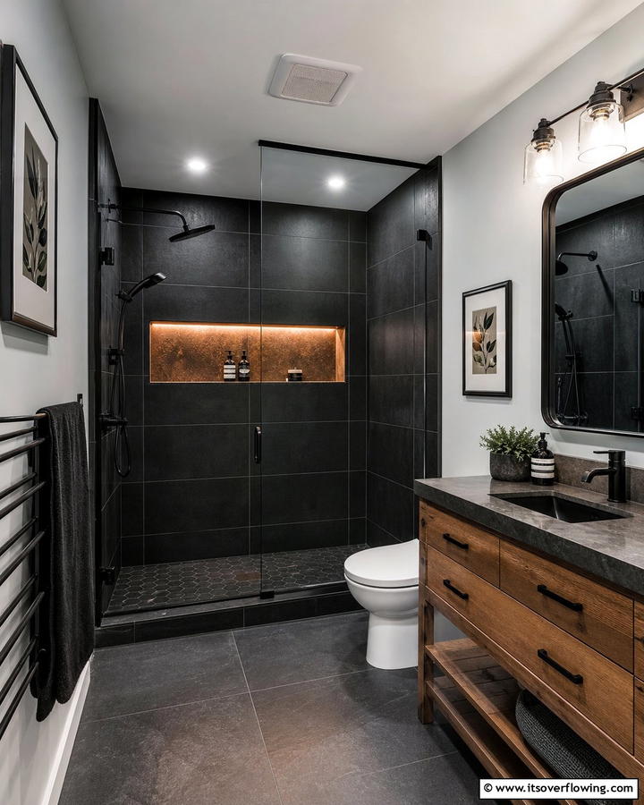 Brown Shower Niche with Black Tile Surround - 20 Modern Brown and Black Bathroom Ideas for a Bold Design