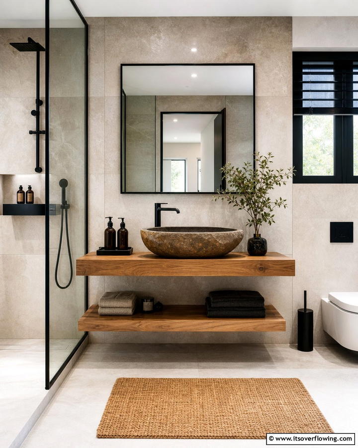 Brown Stone Basin with Black Faucet - 20 Modern Brown and Black Bathroom Ideas for a Bold Design