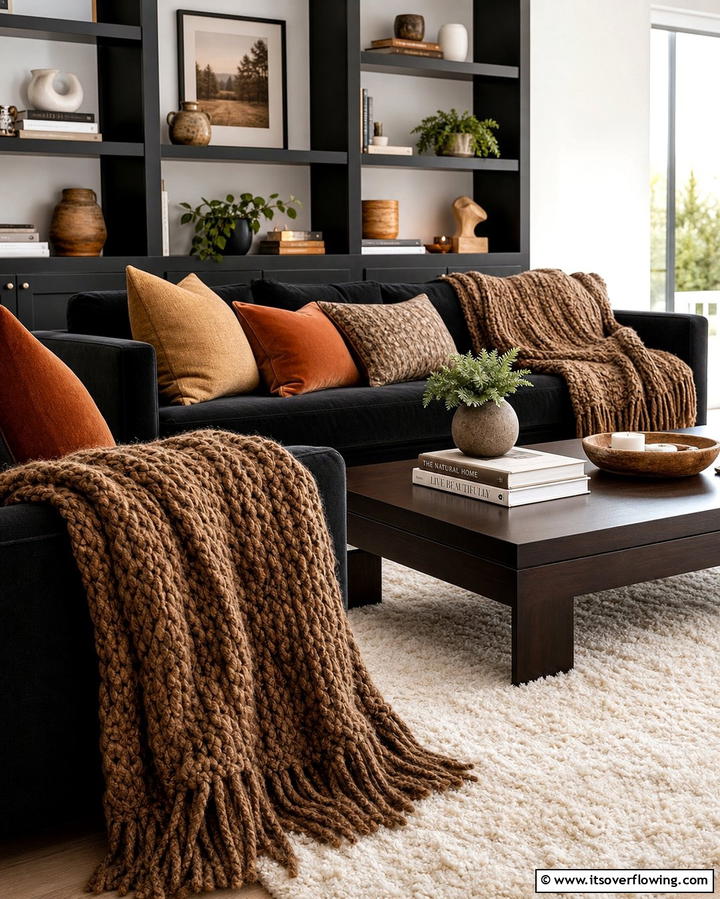 Brown Textured Throw Blankets for Comfort - 25 Chic Black and Brown Living Room Ideas for Modern Homes