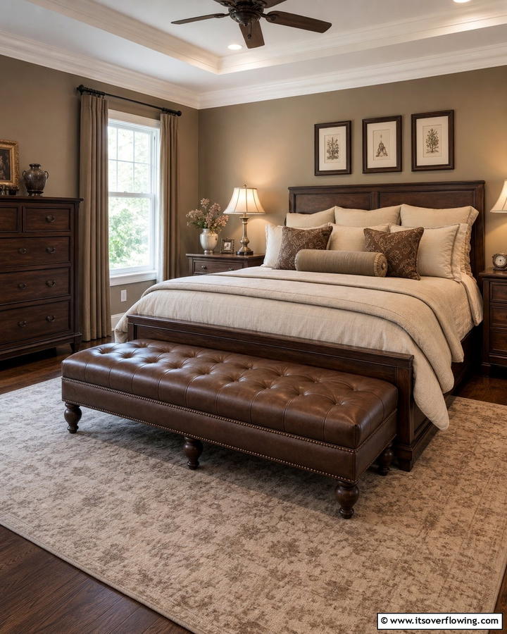 Brown Upholstered Bench - 25 Brown Bedroom Ideas for a Warm and Cozy Atmosphere