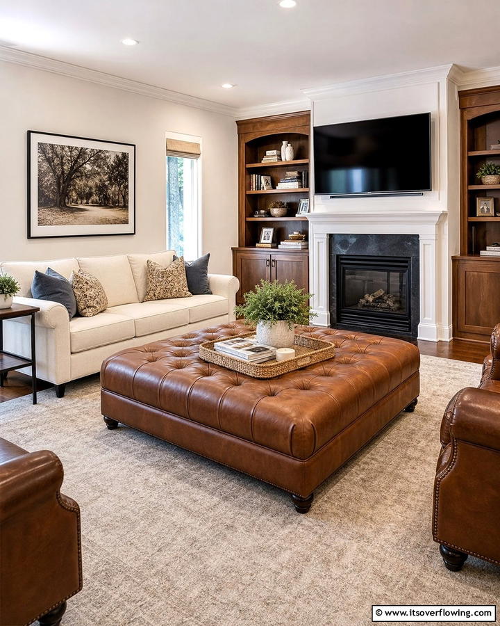 Brown Upholstered Ottoman for Versatile Seating - 25 Brown Living Room Ideas for Warm and Cozy Vibes
