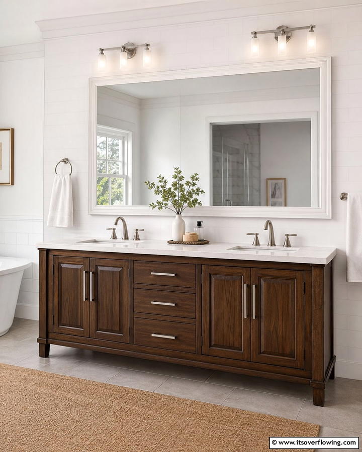 Brown Vanity with White Framed Mirror - 20 Timeless Brown and White Bathroom Ideas for a Clean Look