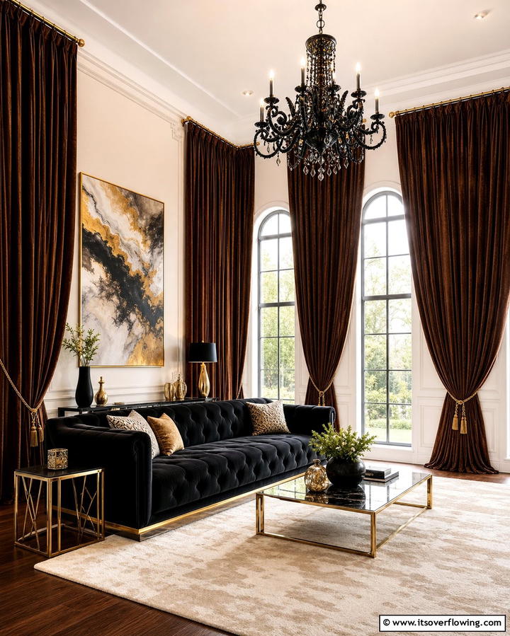 Brown Velvet Curtains for Luxurious Texture - 25 Chic Black and Brown Living Room Ideas for Modern Homes