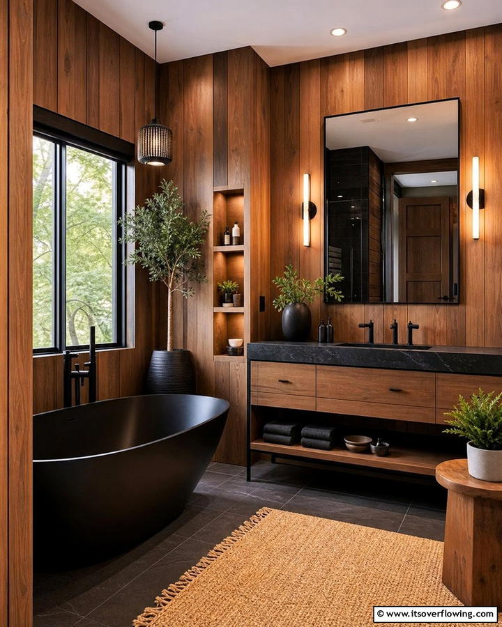 Brown Wood Paneling with Black Details - 20 Modern Brown and Black Bathroom Ideas for a Bold Design