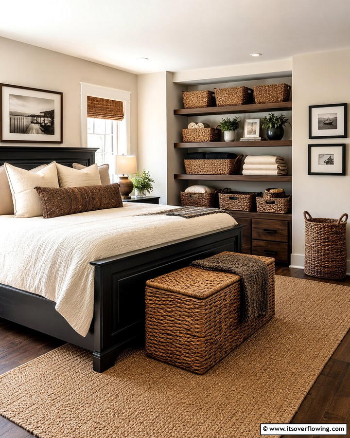 Brown Woven Baskets for Storage - 20 Black and Brown Bedroom Ideas for a Cozy Retreat