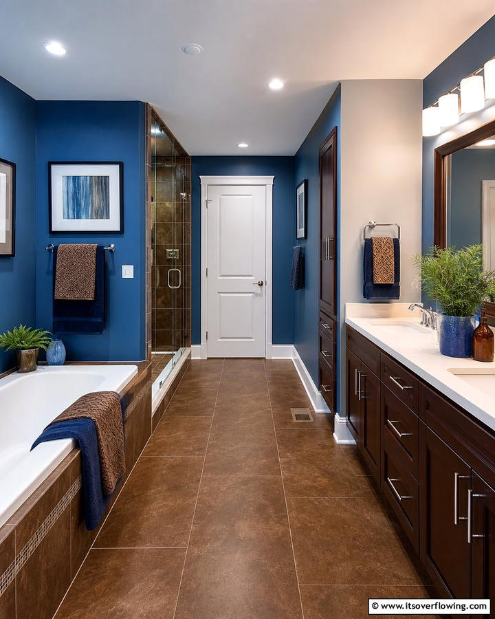 Brown and Blue for a Cool and Warm Balance - 25 Brown Bathroom Ideas for a Warm and Inviting Space