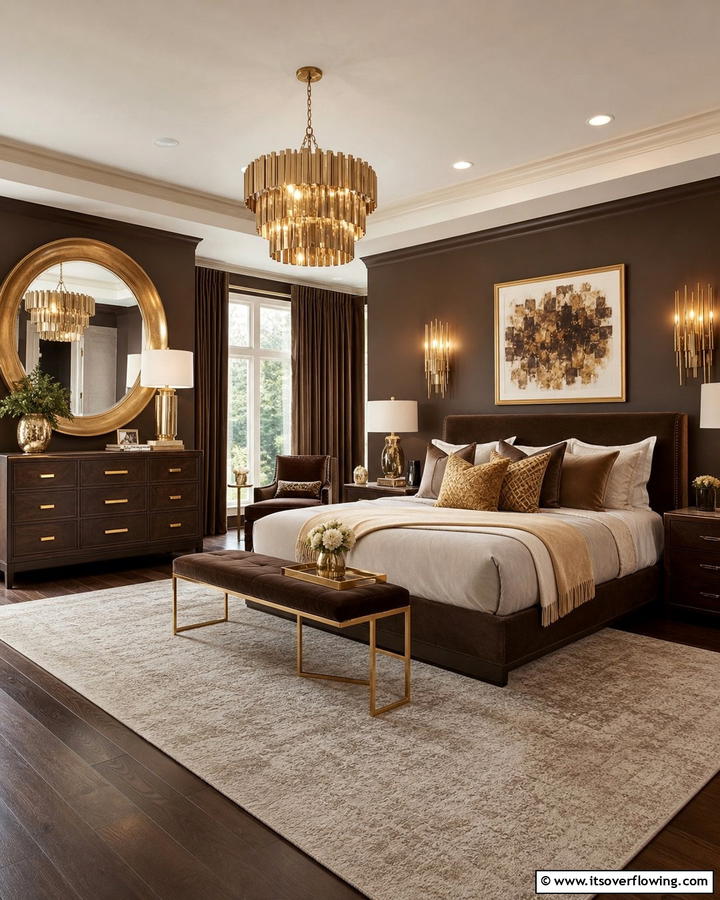 Brown and Gold Accents - 25 Brown Bedroom Ideas for a Warm and Cozy Atmosphere