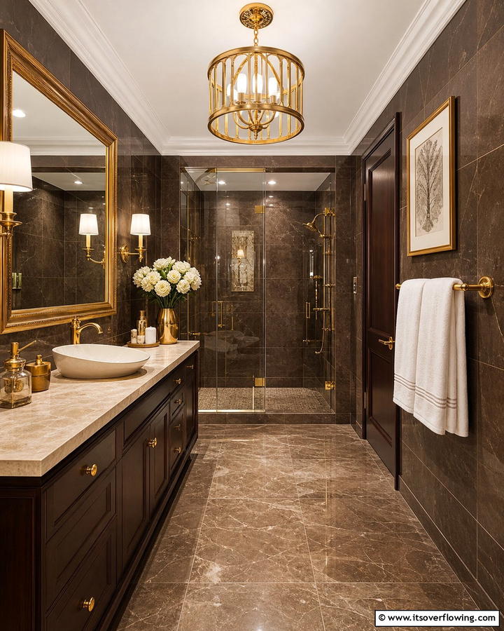 Brown and Gold Accents for Opulent Style - 25 Brown Bathroom Ideas for a Warm and Inviting Space