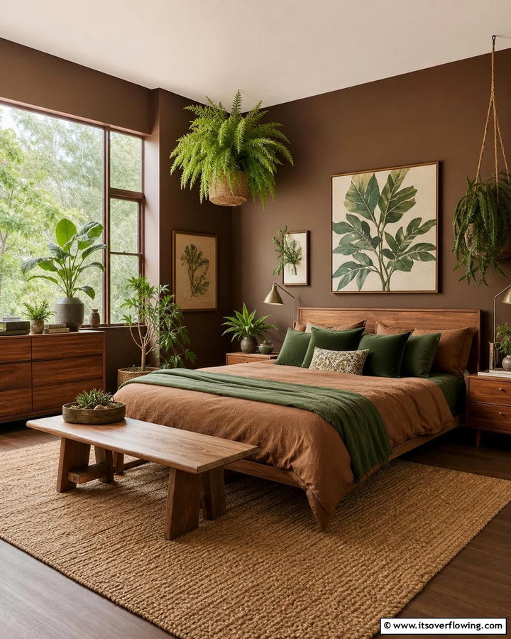Brown and Green Accents - 25 Brown Bedroom Ideas for a Warm and Cozy Atmosphere