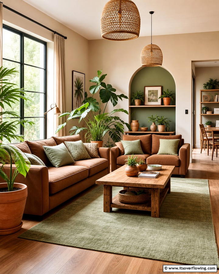 Brown and Green for Natural Harmony - 25 Brown Living Room Ideas for Warm and Cozy Vibes