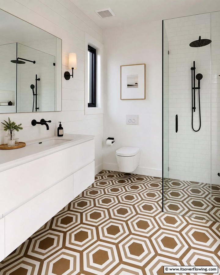 Brown and White Geometric Patterns - 20 Timeless Brown and White Bathroom Ideas for a Clean Look