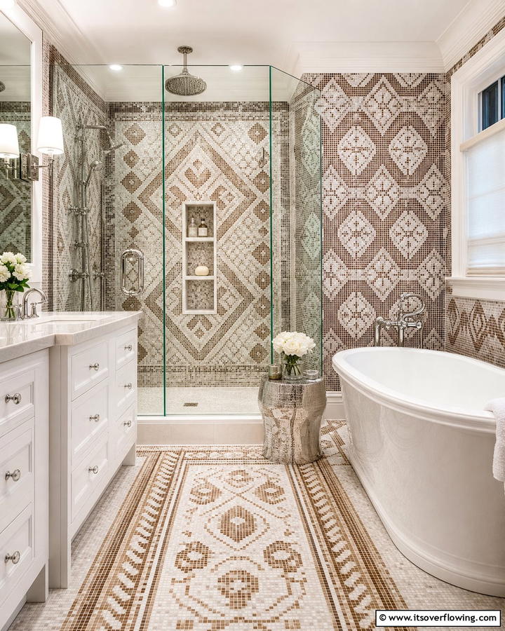 Brown and White Mosaic Tiles - 20 Timeless Brown and White Bathroom Ideas for a Clean Look