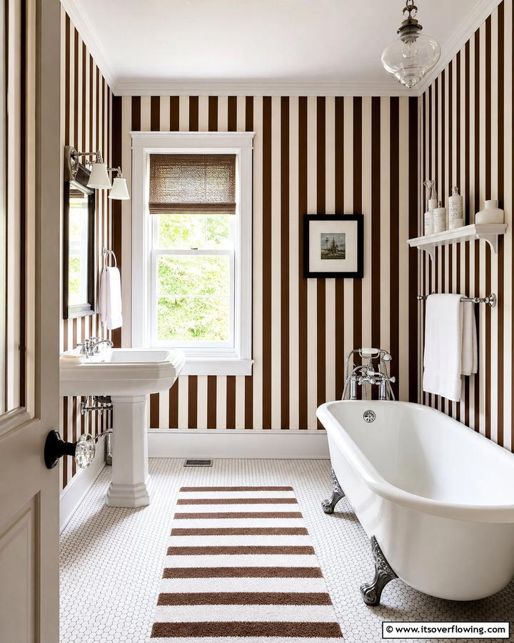 Brown and White Striped Walls - 20 Timeless Brown and White Bathroom Ideas for a Clean Look