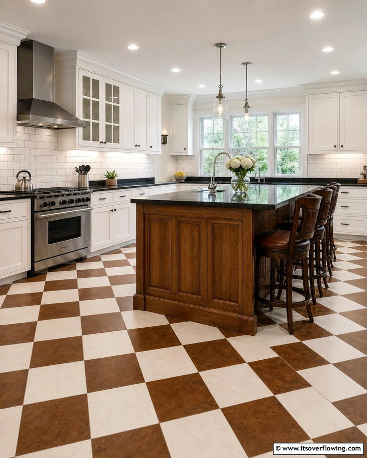 Brown and White Tile Flooring - 20 Brown Kitchen Ideas to Create a Cozy and Stylish Space