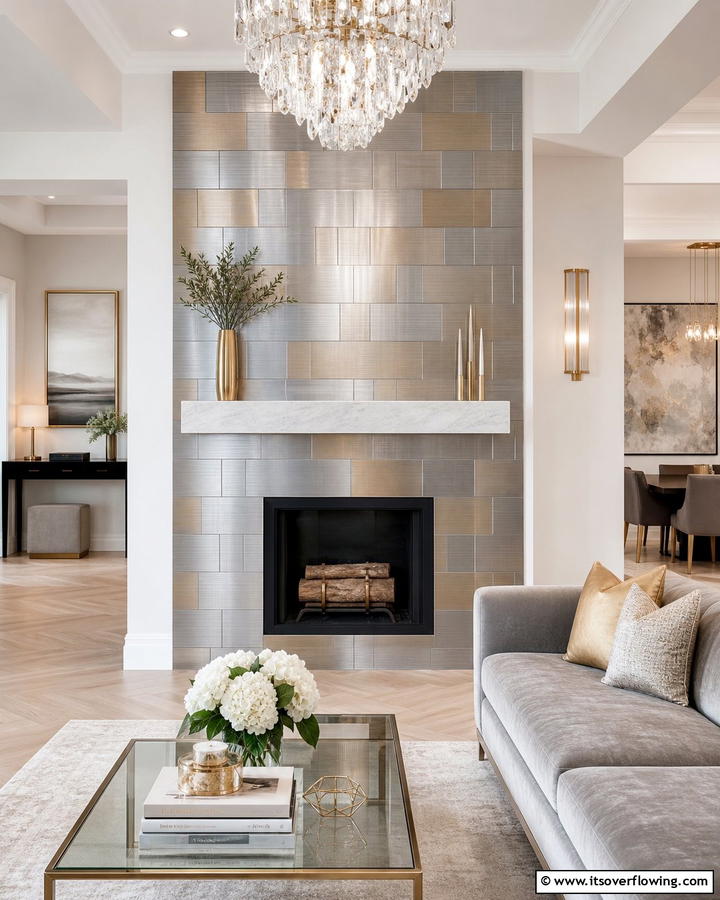Brushed Metal Elegance - 21 Fireplace Tile Ideas to Refresh Your Hearth’s Aesthetic