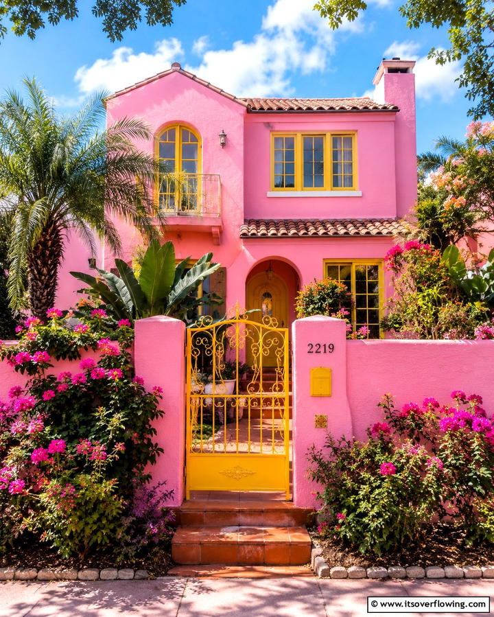 Bubblegum Pink with Yellow Highlights - 25 Pink House Exterior Ideas for a Charming Look