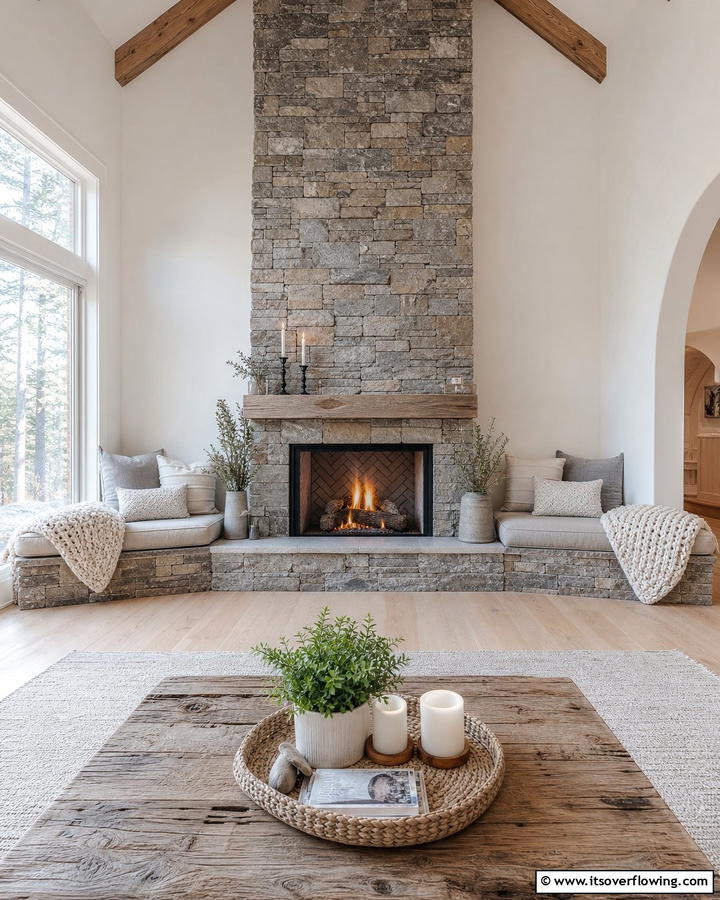 Built In Bench for Added Comfort - 20 Scandinavian Fireplace Ideas for Cozy Homes