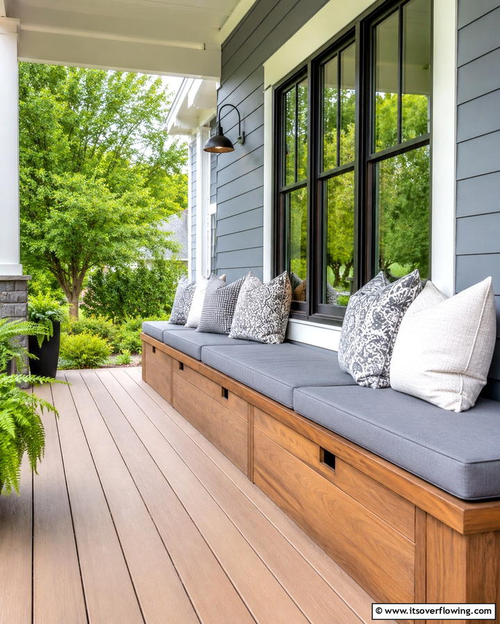 Built In Bench with Storage - 30 Barndominium Front Porch Ideas for Rustic Charm