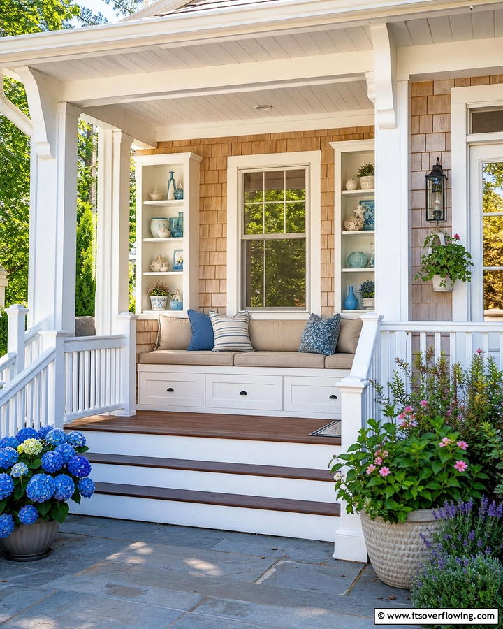 Built In Benches with Storage - 20 Small Cape Cod Front Porch Ideas for Charm