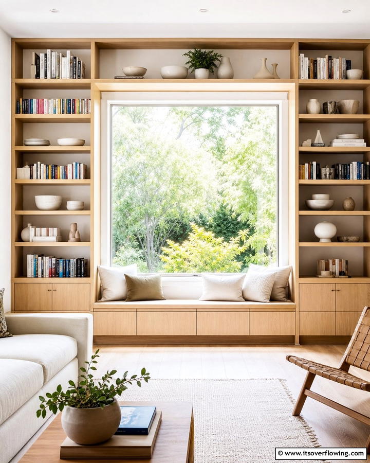 Built In Bookcases Around a Large Picture Window - 20 Bookcases Around Window Design Ideas- Functional Decor