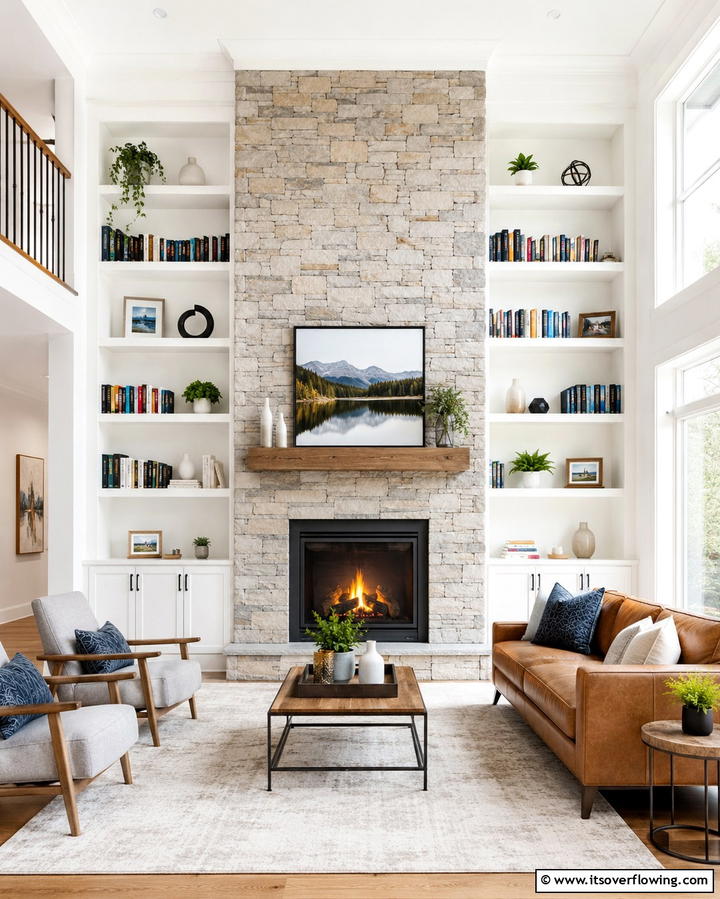 Built In Bookshelf Feature - 25 Floor to Ceiling Fireplace Ideas- Stunning & Modern