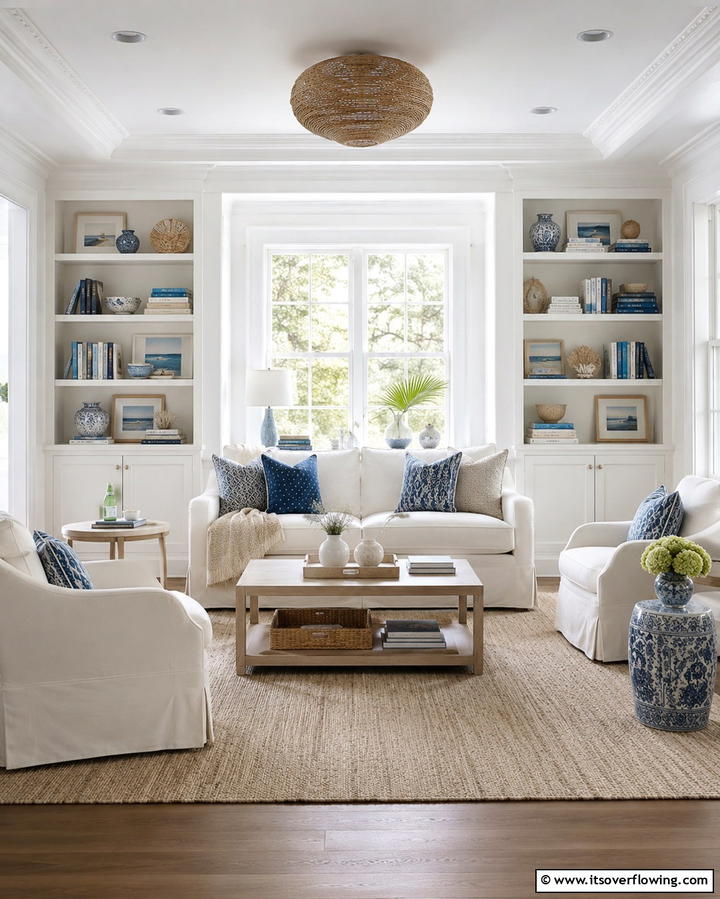 Built In Bookshelves - 30 Hamptons Living Room Ideas for Coastal-Inspired Elegance