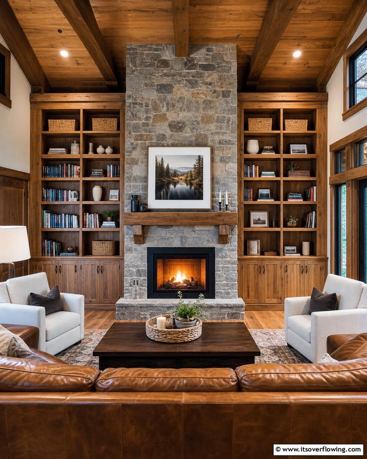 Built In Bookshelves - 20 Cabin Living Room Ideas for Cozy Comfort