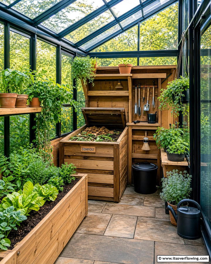 Built In Composting Station - 20 Innovative Corner Greenhouse Ideas for Gardeners