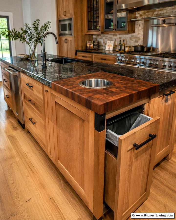 Built In Cutting Board with Trash Slot - 25 Smart Kitchen Island Storage Ideas for Organized Kitchens
