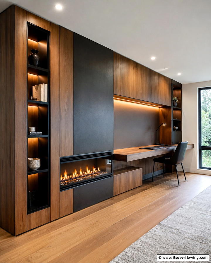 Built In Fireplace with Desk Integration - 25 Home Office With Fireplace Ideas for Cozy Workspaces
