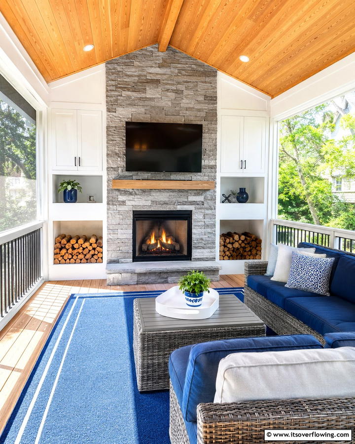 Built In Fireplace with Storage - 25 Screened-in Porch With Fireplace Ideas for Cozy Evenings