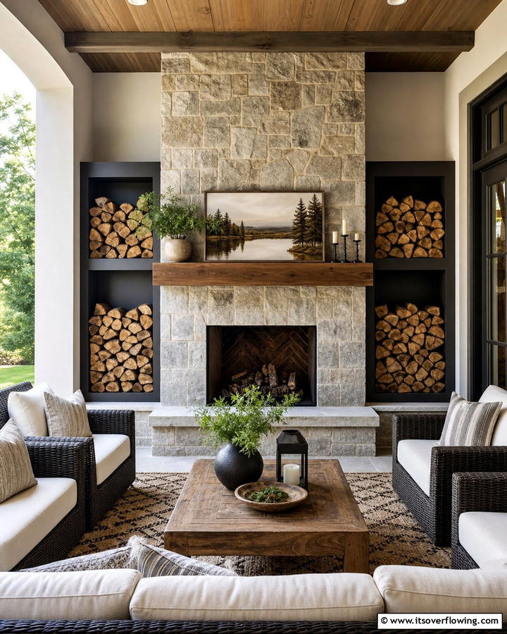 Built In Firewood Storage - 25 Porch Fireplace Ideas for Cozy Outdoor Evenings