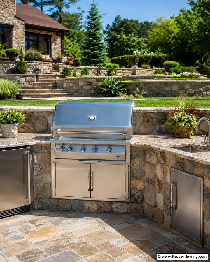 Built In Grill with Stone Accents - 25 Grill Station Ideas for the Ultimate Outdoor Cooking Space