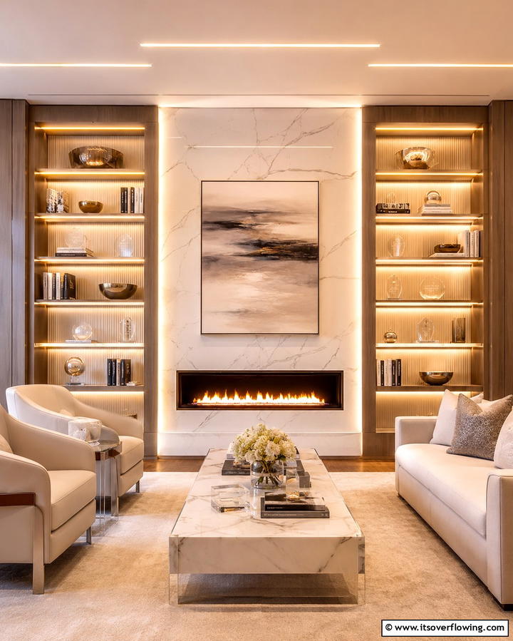 Built In Lighting for a Dramatic Effect - 30 Fireplace with Bookshelves Ideas for Cozy Literary Nooks
